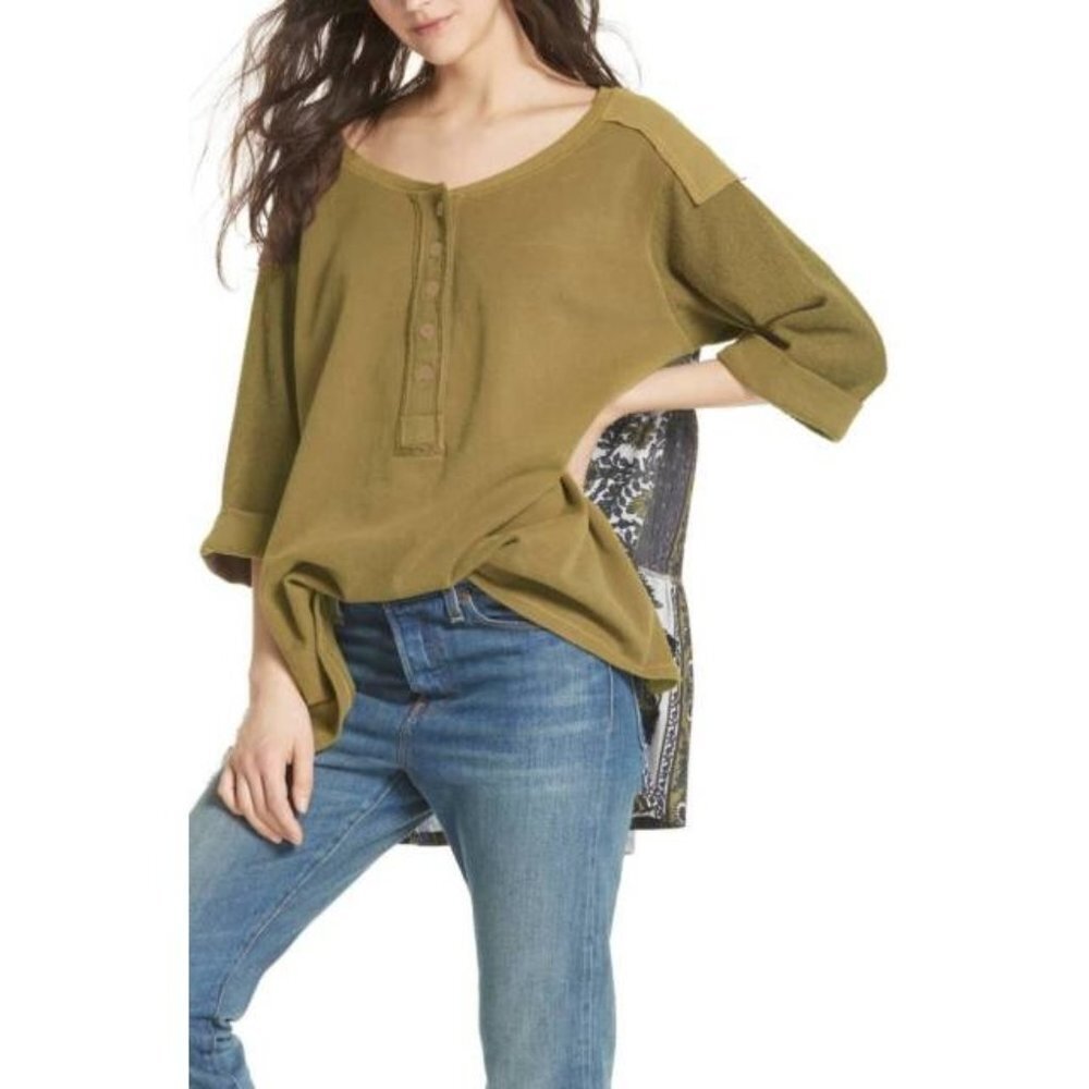 Free People Cool Baby Shirt Army Green Oversized Henley Top Patchwork Back